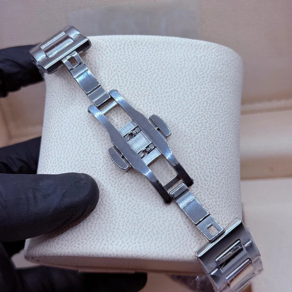 Bestwin automatic skeleton watch with a stainless steel chain and butterfly master lock.