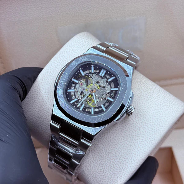 Bestwin automatic skeleton watch with a stainless steel chain and butterfly master lock.